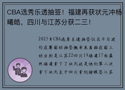 CBA选秀乐透抽签！福建再获状元冲杨曦皓，四川与江苏分获二三！