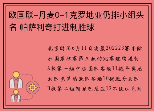欧国联-丹麦0-1克罗地亚仍排小组头名 帕萨利奇打进制胜球